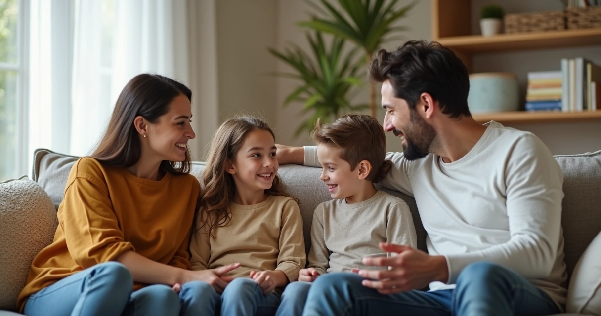 Familia sentada dialogando en la sala de estar 