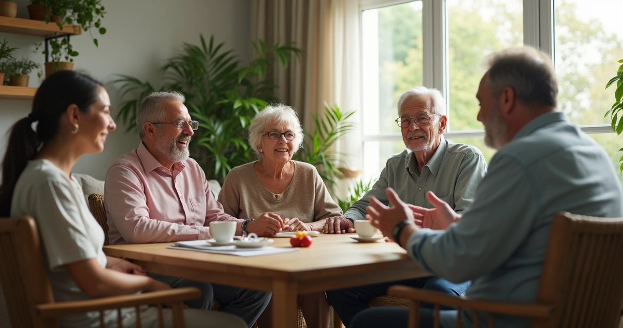 Família reunida conversando em sala de estar, com luz suave e plantas 