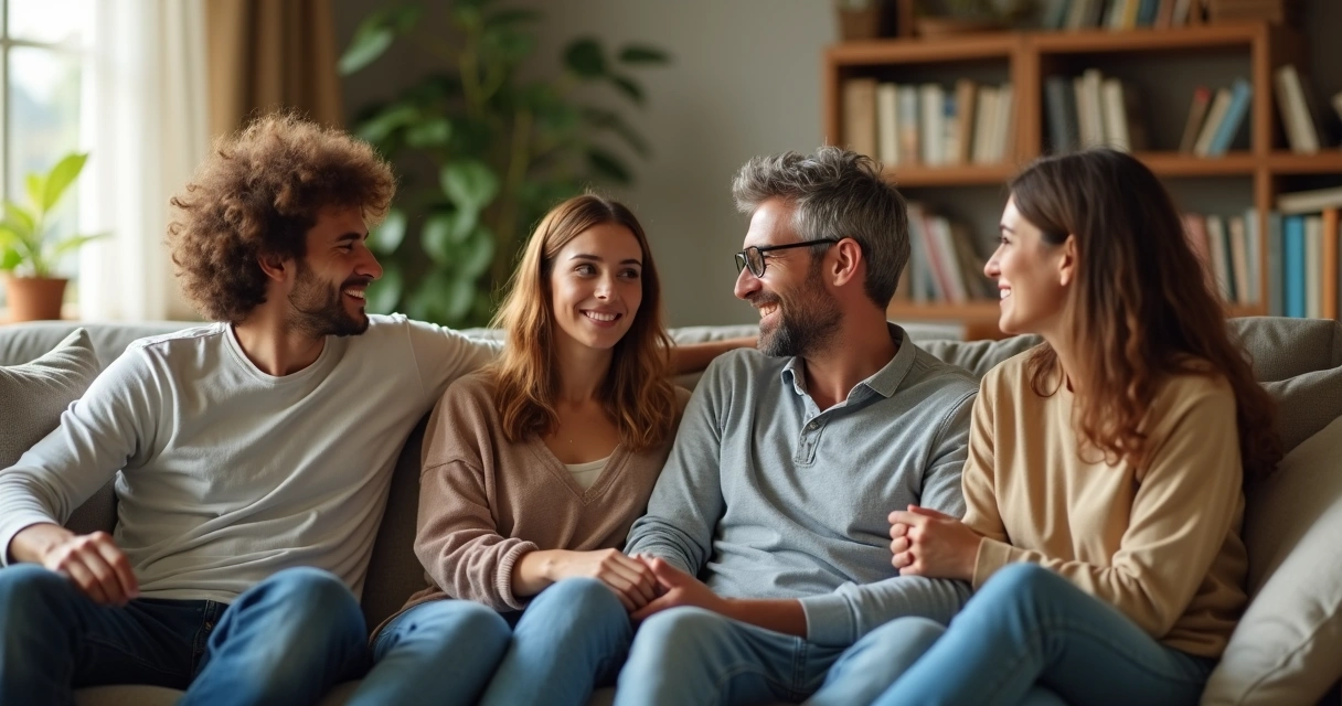 Familia conversando relajada en la sala de estar 