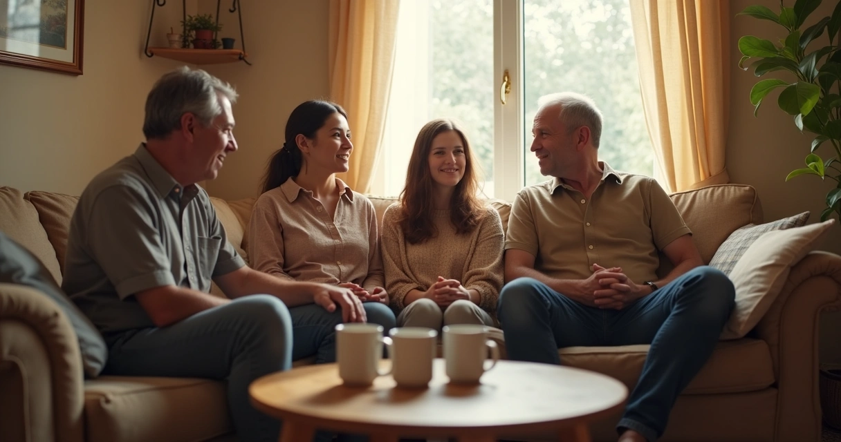 Familia sentada conversando en una sala iluminada 