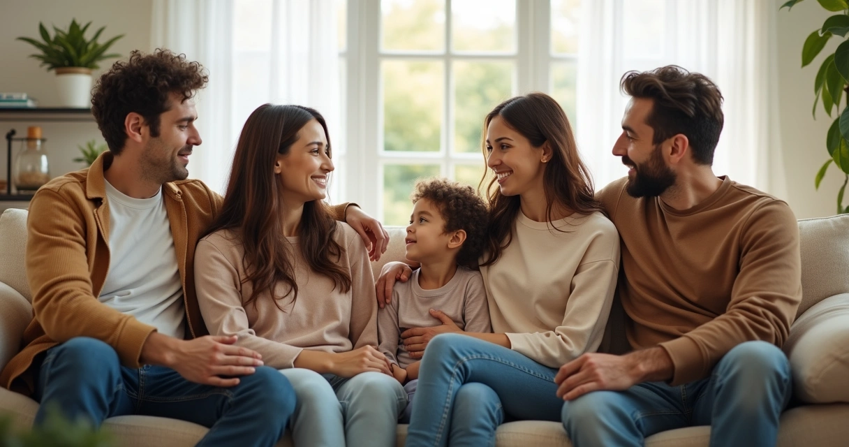 Família sentada no sofá conversando em clima leve