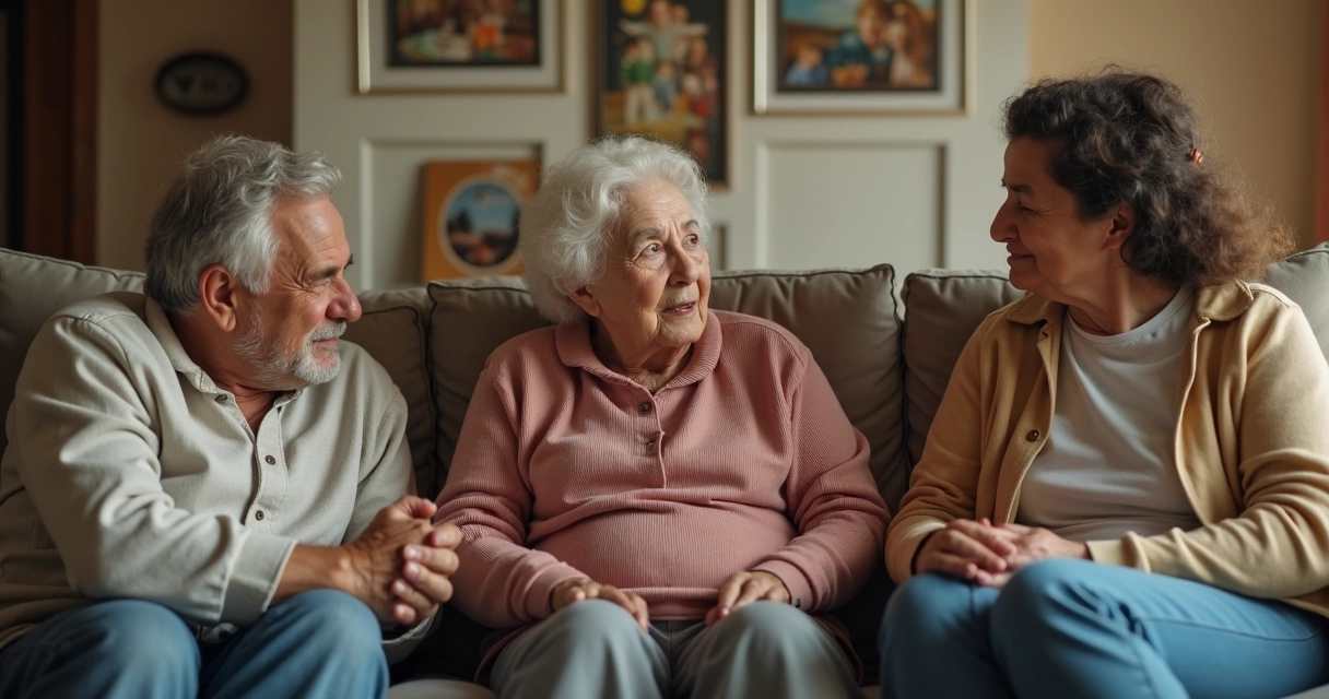 Três gerações de uma família sentadas em um sofá conversando
