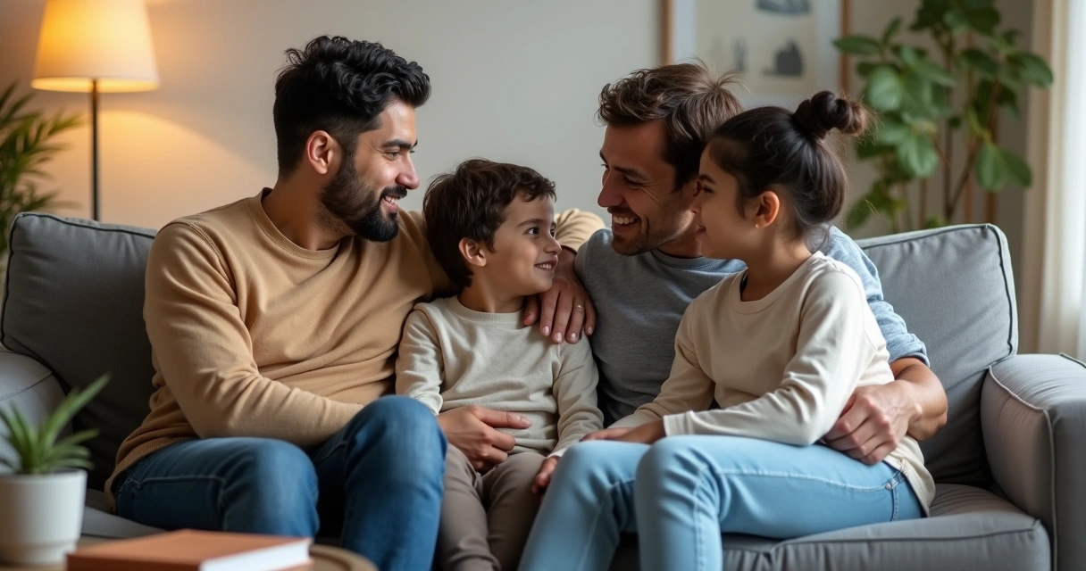 Familia dialogando sentados en un sofá
