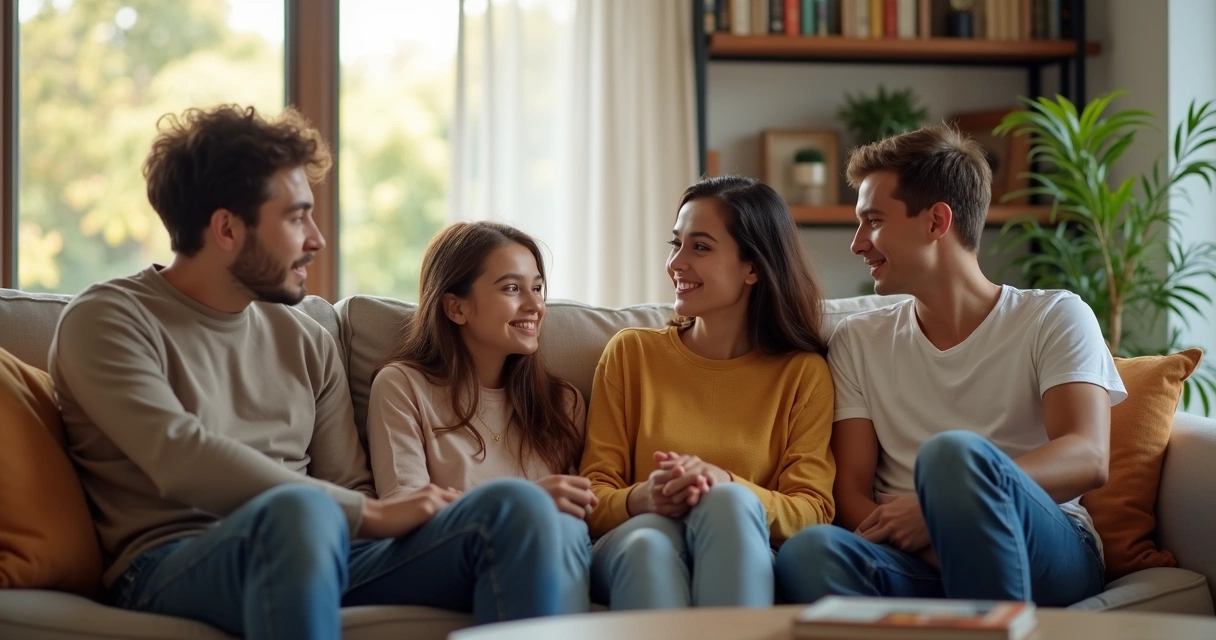 Família sentada em círculo no sofá, conversando calmamente