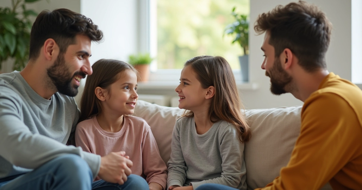Família sentada em um sofá dialogando, expressando emoções, em um ambiente de sala de estar claro e harmônico