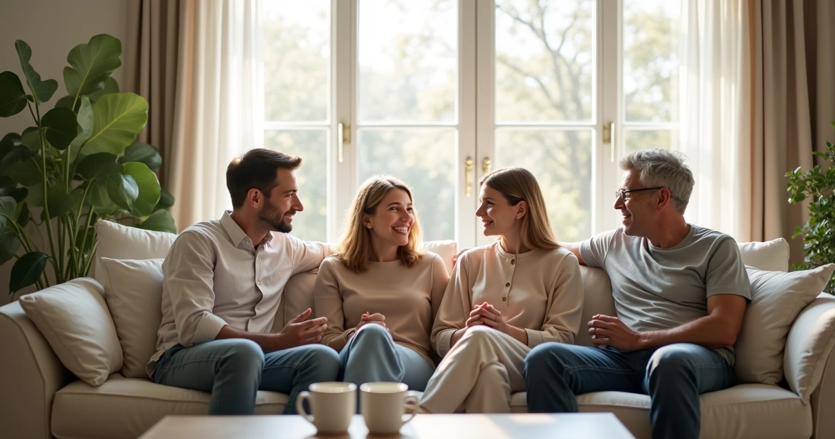 Padres e hijo conversando de forma calmada, sentados en un sofá en una sala luminosa 