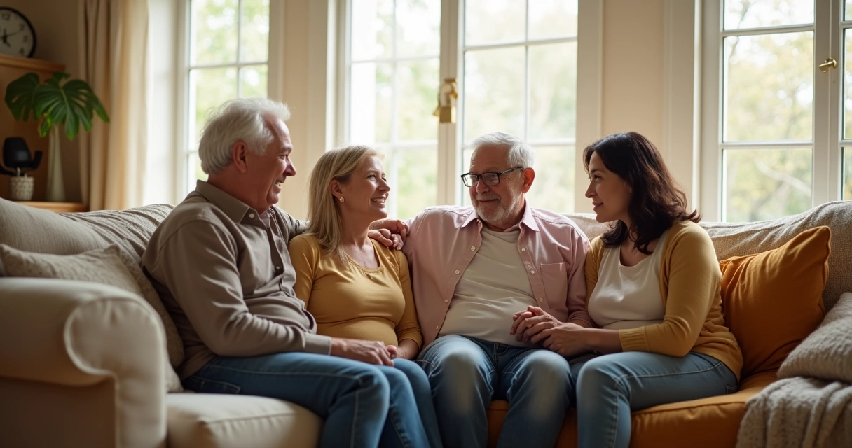Familia sentada en sofá conversando abiertamente