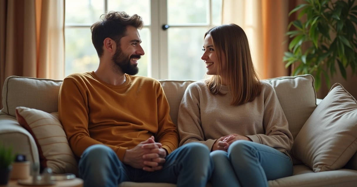 Duas pessoas sentadas no sofá conversando e sorrindo; ambiente aconchegante 