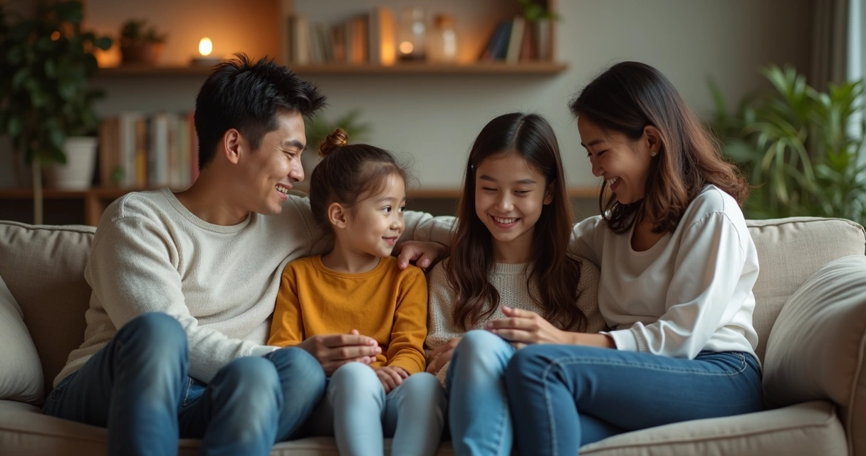 Família sentada no sofá em círculo, dialogando de forma tranquila e com atenção mútua 