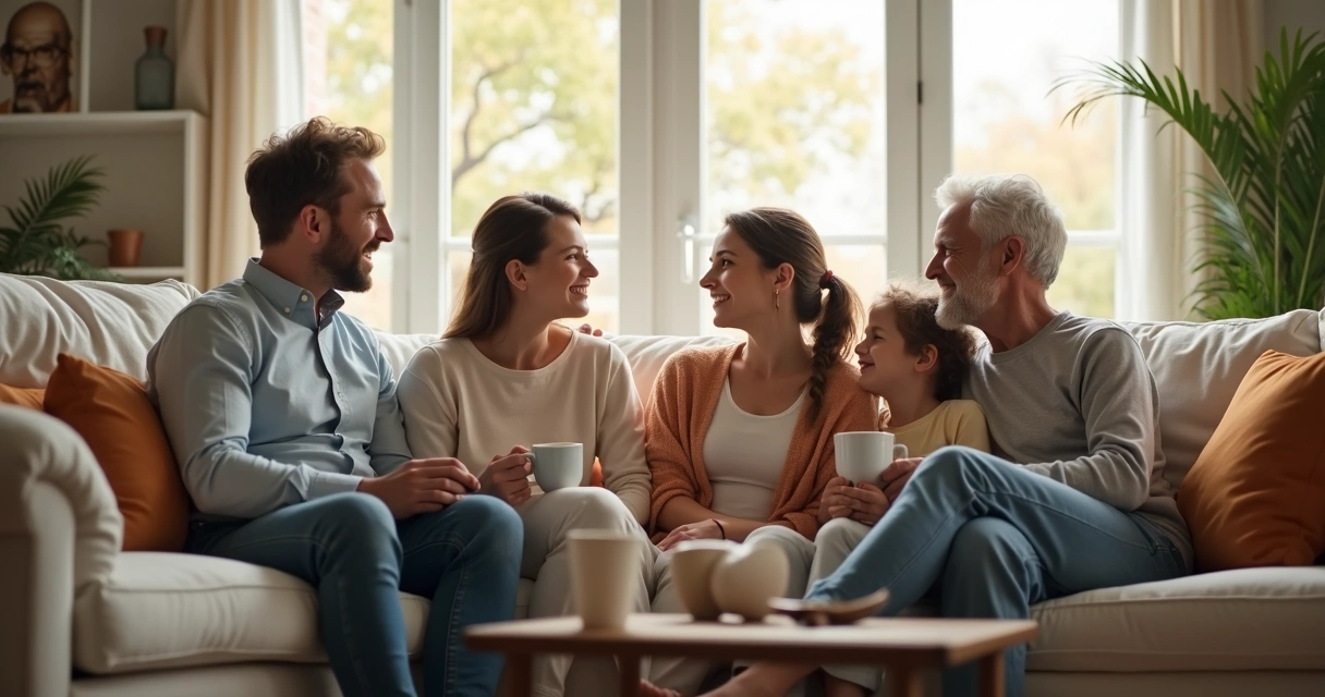 Família reunida em um sofá, conversando em ambiente acolhedor.