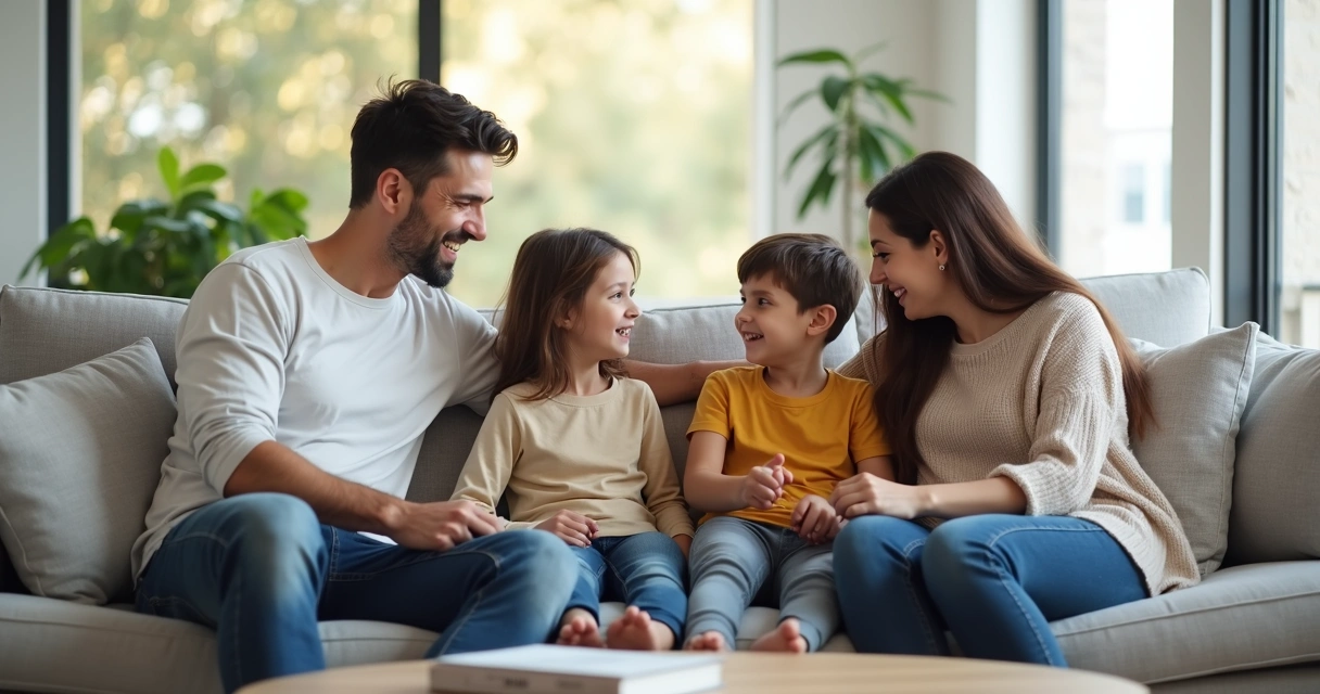 Família reunida conversando de maneira afetuosa no sofá 