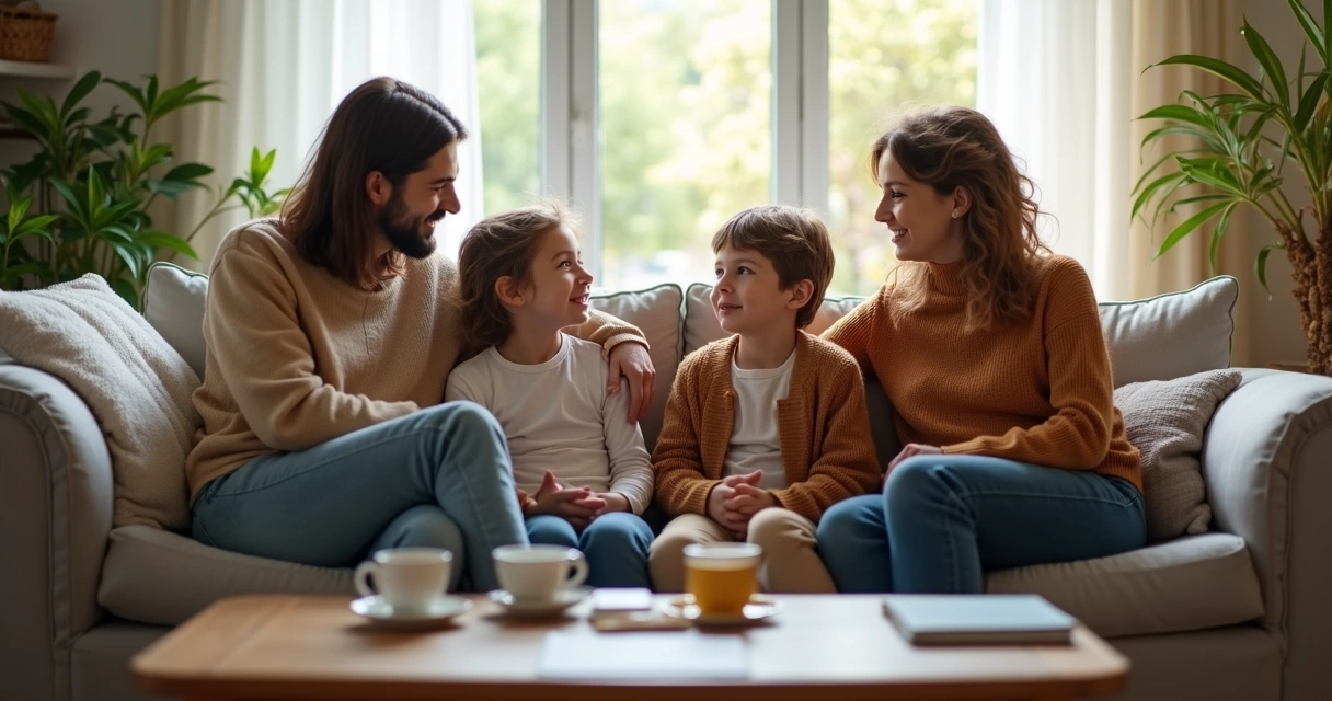 Família conversando sentada no sofá 