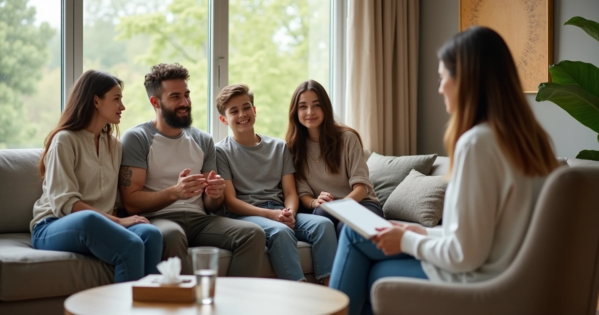 Familia sentada en el sofá conversando con una terapeuta 