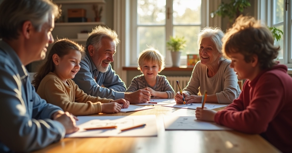Familia sentada alrededor de una mesa conversando sobre valores familiares 