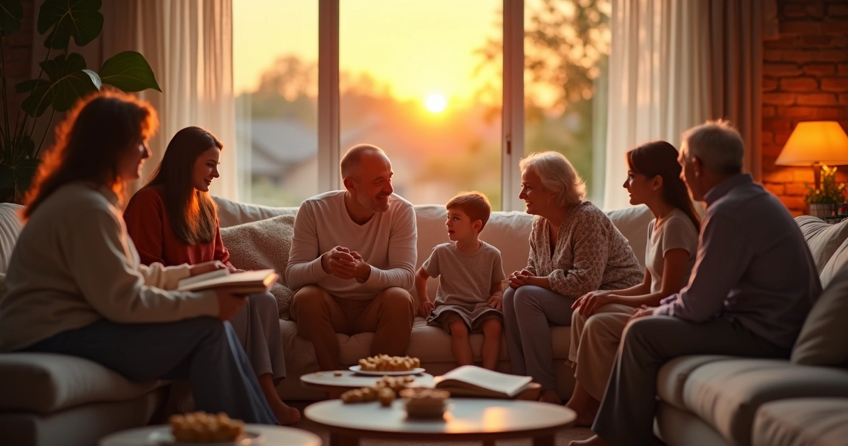 Familia de diferentes edades conversando en la sala de estar 