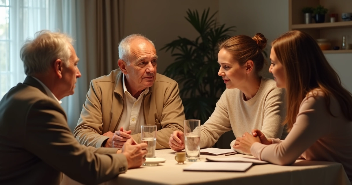 Família de diferentes idades conversando à mesa 