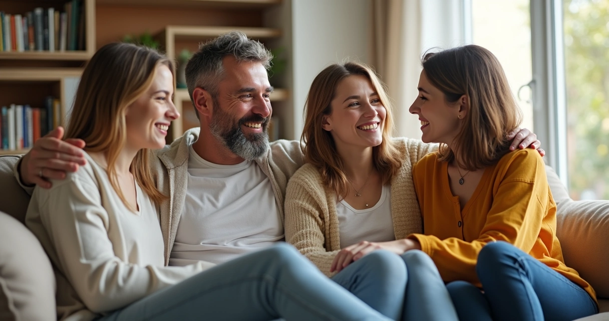 Família reunida em conversa acolhedora e tranquila.