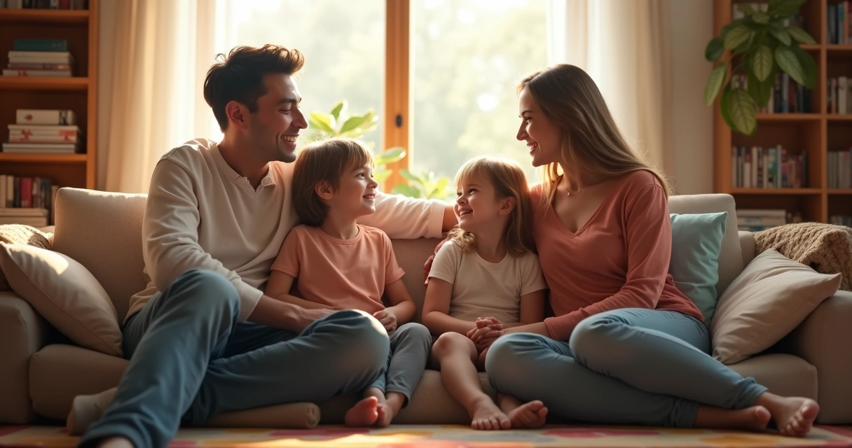 Família reunida em sala de estar, dialogando com afeto e atenção 