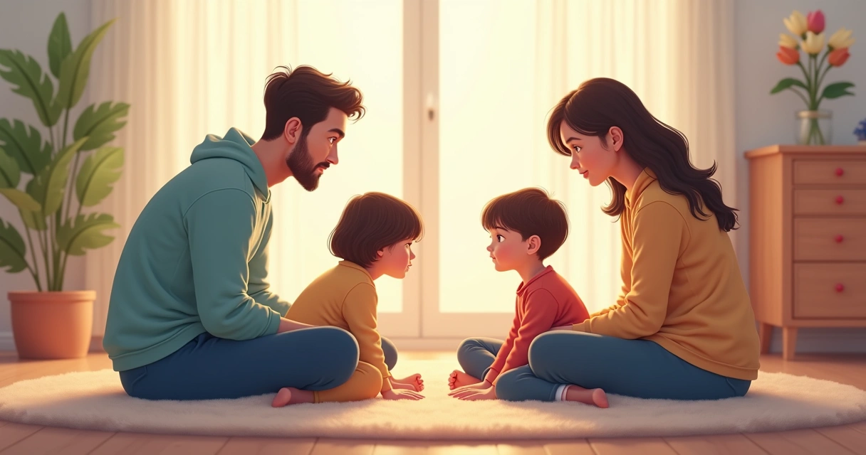 Pais e filhos sentados em roda, dialogando com afeto e atenção, em ambiente de casa tranquilo e iluminado. 