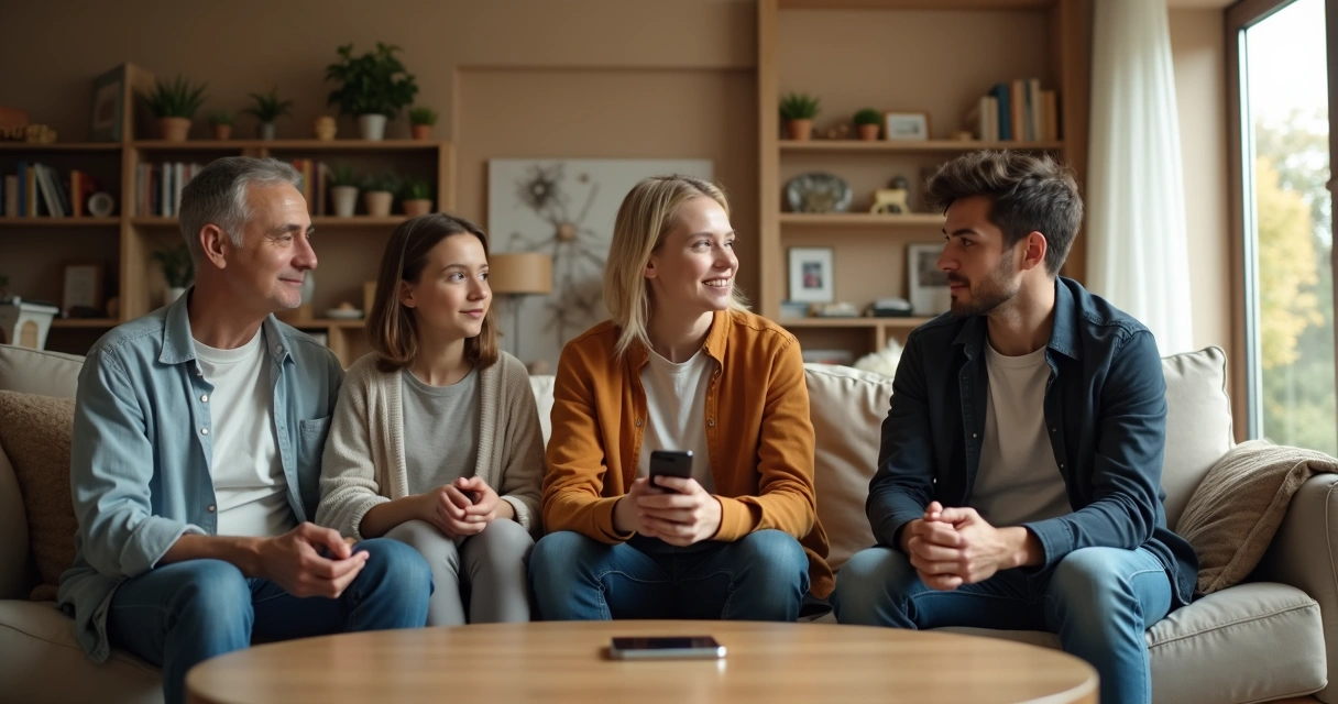 Familia conversando con apoyo en la sala