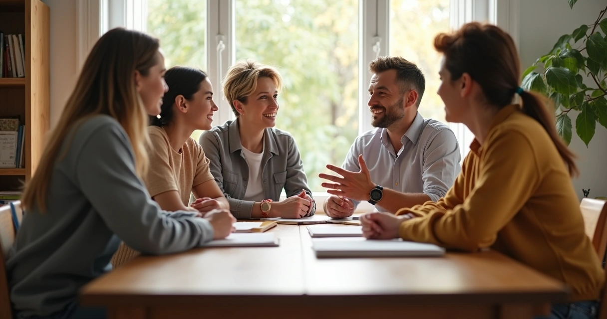 Pessoas de uma família sentadas à mesa conversando de forma aberta e respeitosa.