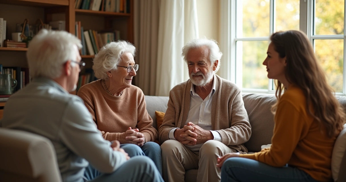 Pareja de adultos mayores hablando con dos hijos adultos en el salón, todos sentados y en actitud de diálogo, ambiente relajado.