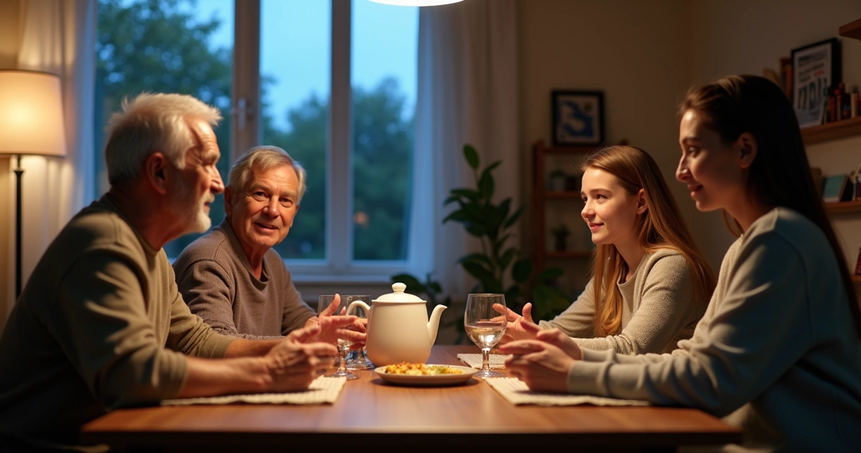 Família conversando com calma à mesa de jantar ao anoitecer 
