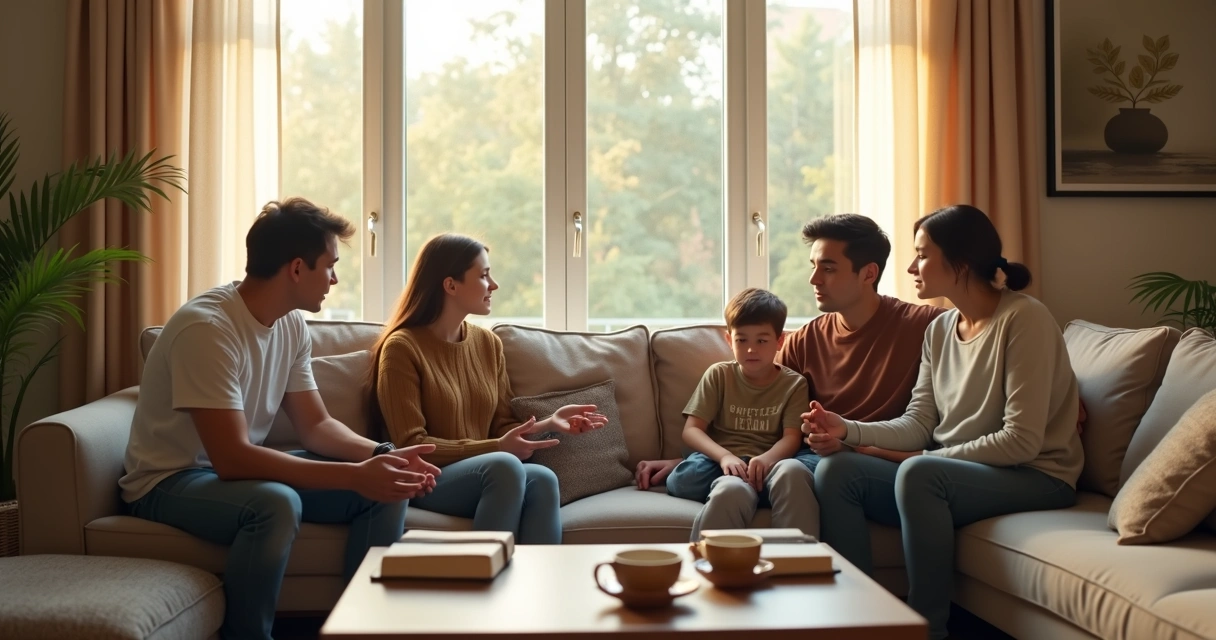 Família sentada no sofá em diálogo calmo na sala de estar 