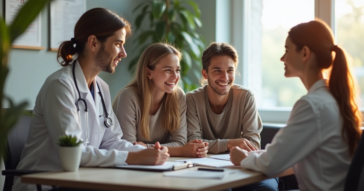 Família conversando com médica em consultório