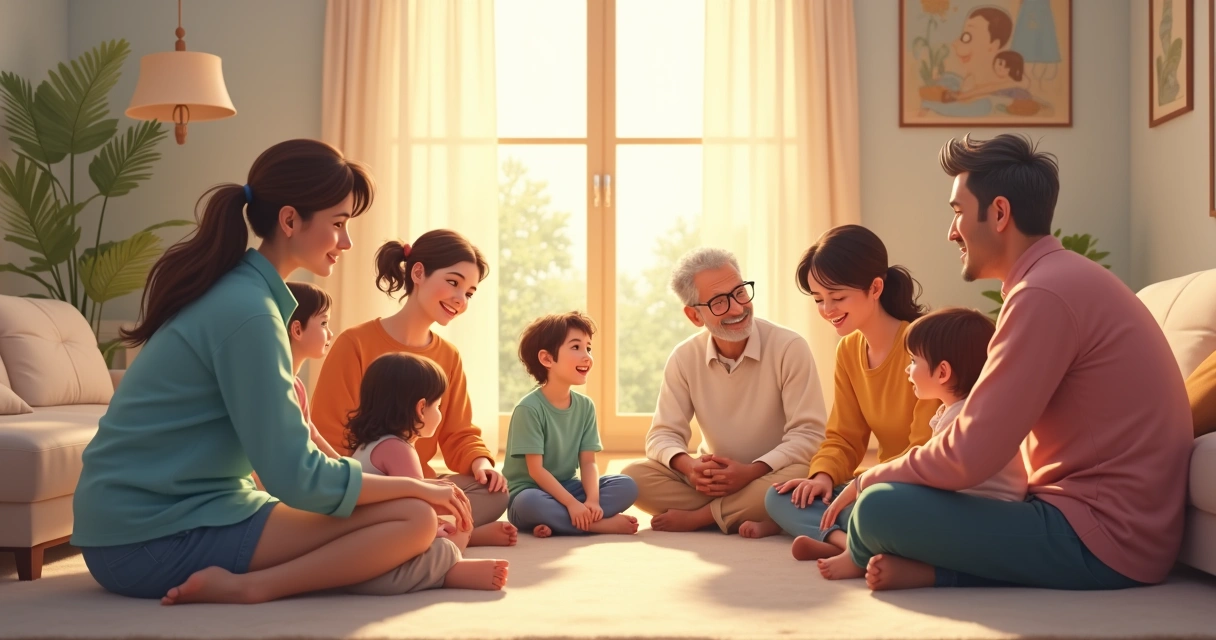 Familia sentada en círculo dialogando atentamente 