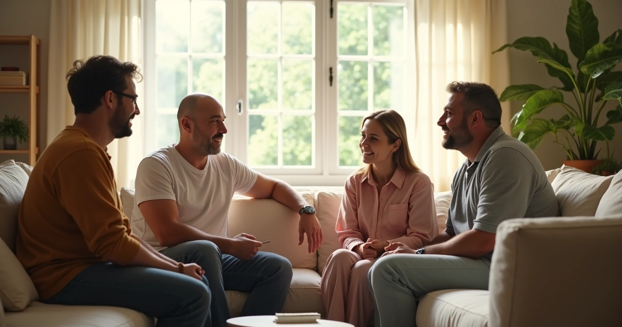 Família sentada em círculo em sala iluminada, dialogando abertamente 