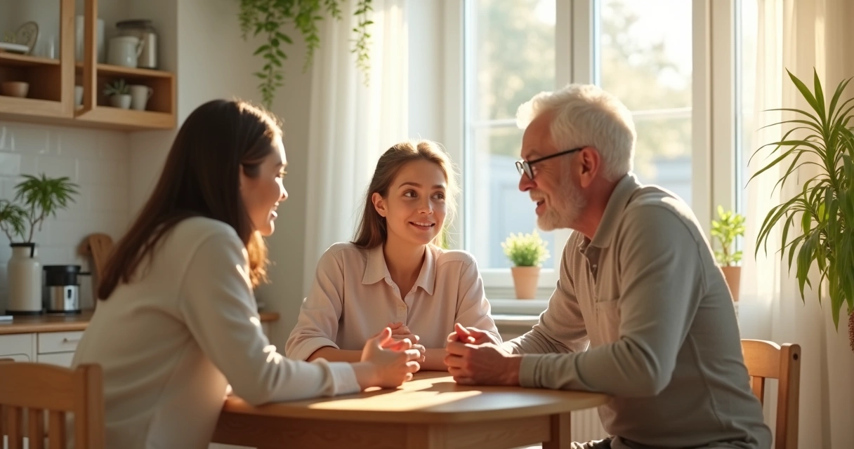 Familia sentada en cocina dialogando con atención