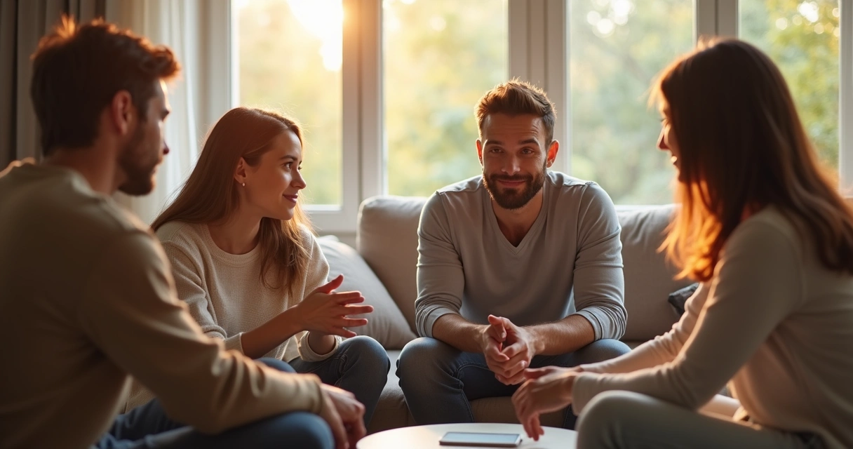Familia conversando sentados en círculo en una sala iluminada 