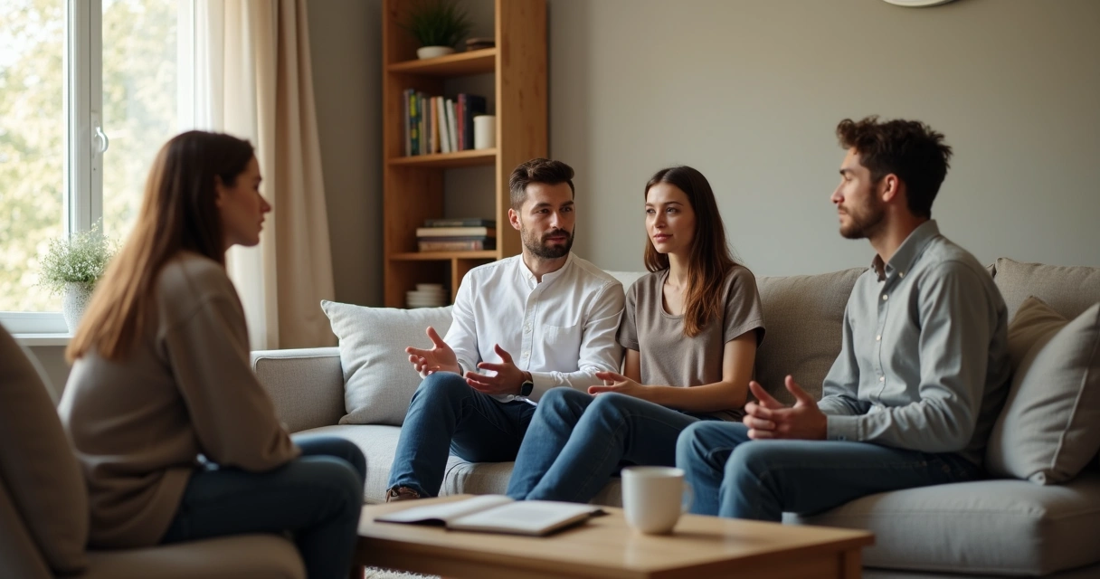 Família sentada na sala conversando de forma calma durante um conflito 