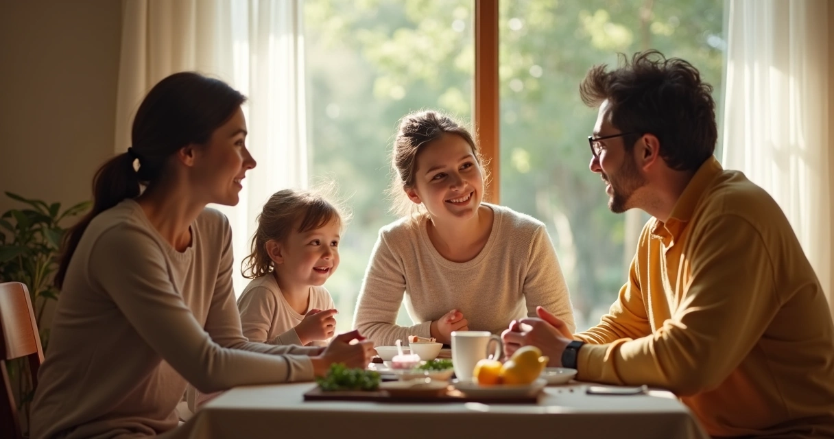 Familia sentada alrededor de una mesa compartiendo un diálogo reflexivo y armonioso