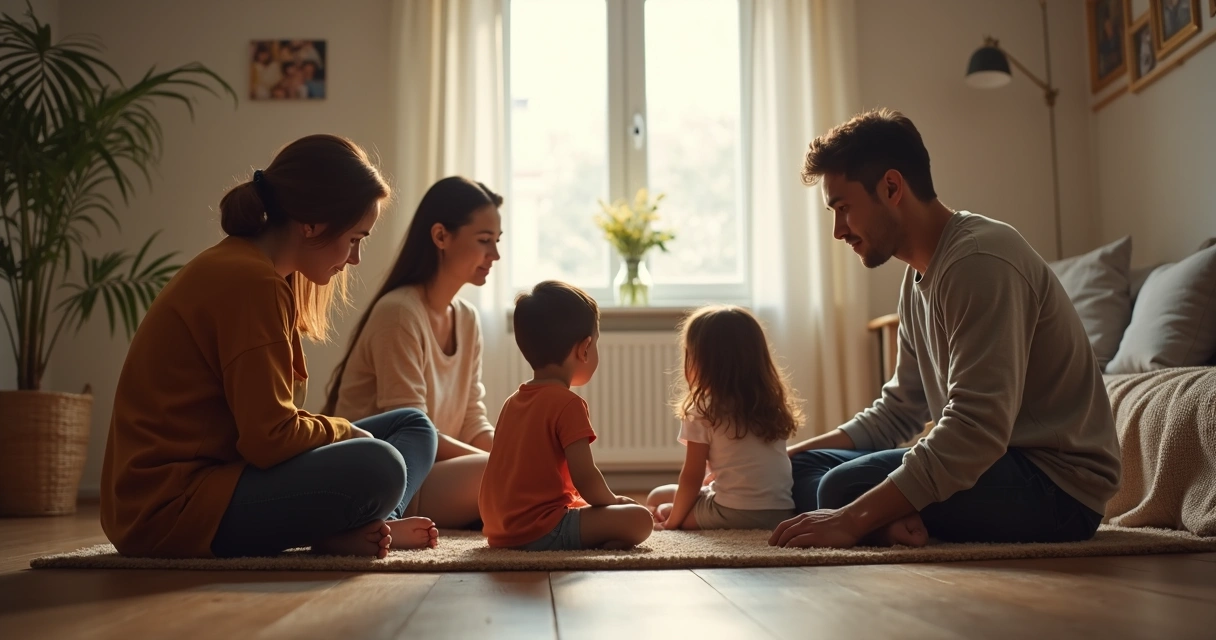 Pai, mãe e dois filhos sentados juntos em roda conversando de maneira atenta 