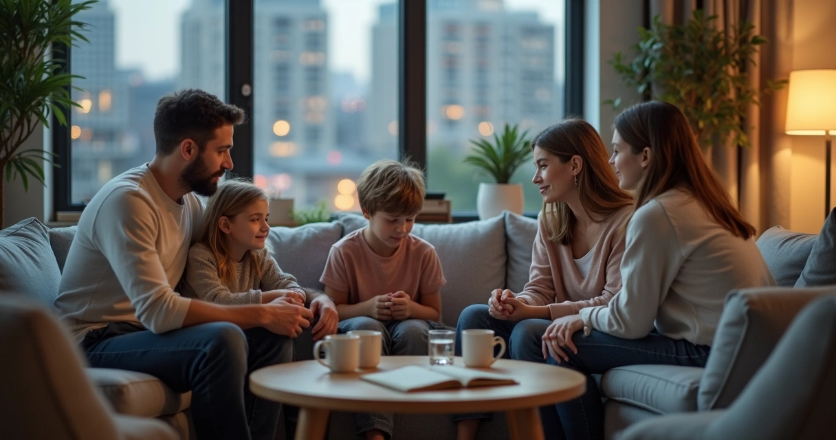 Família sentada em sala de estar moderna conversando em círculo com clima tranquilo 