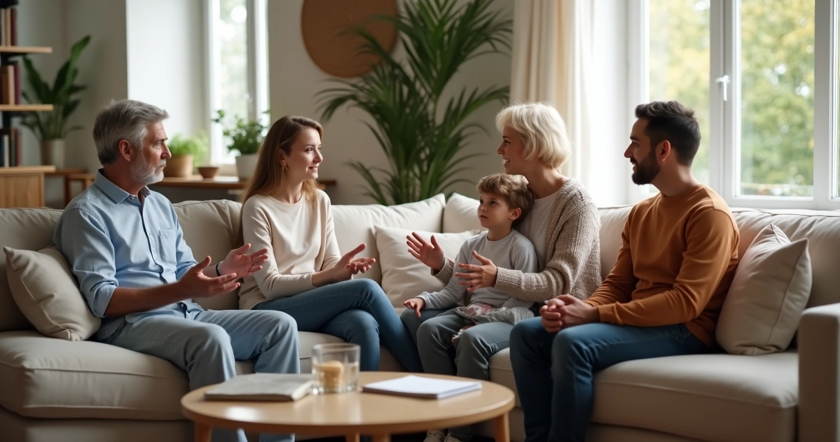 Família sentada no sofá conversando com calma em sala aconchegante 