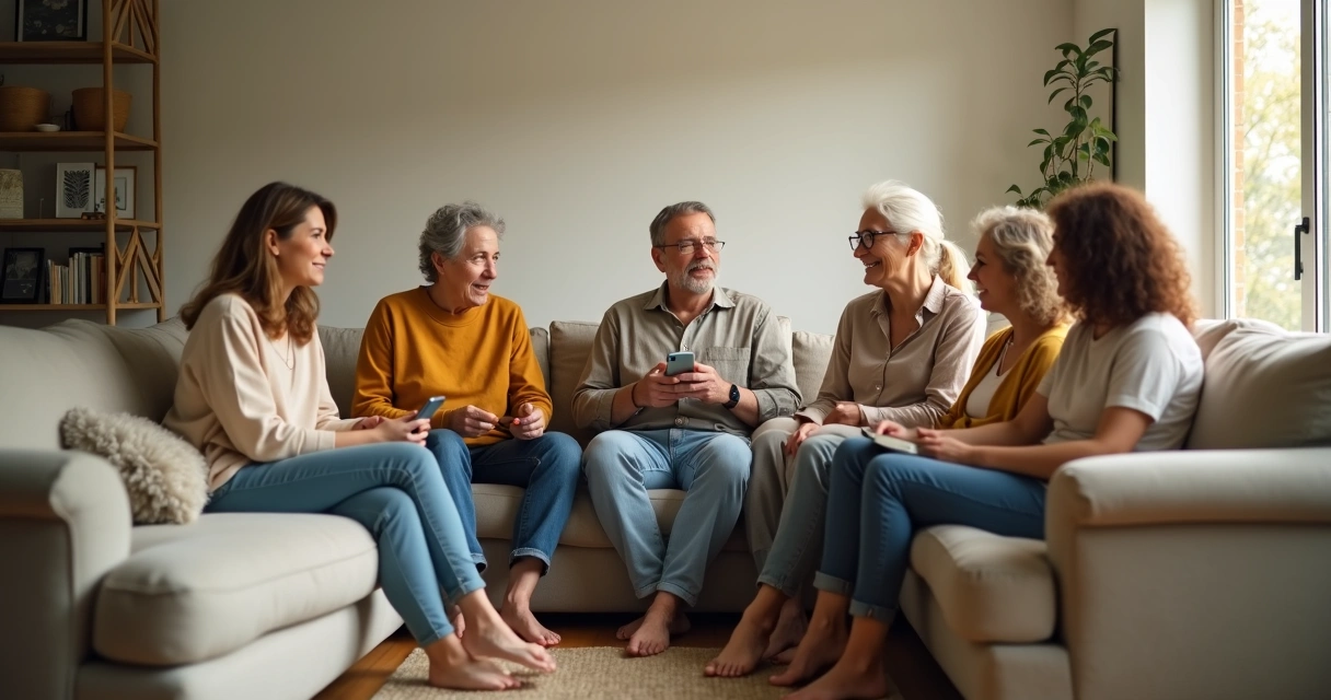 Família sentada no sofá em círculo conversando de forma acolhedora 