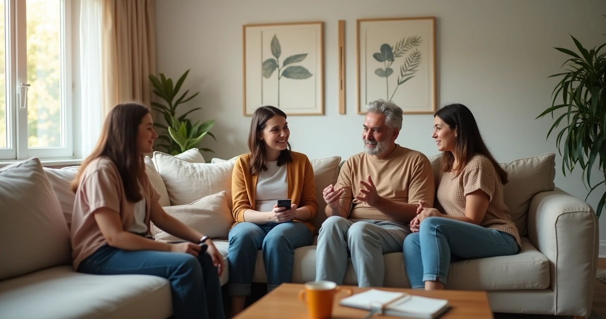Família sentada no sofá em círculo conversando com atenção e calma 