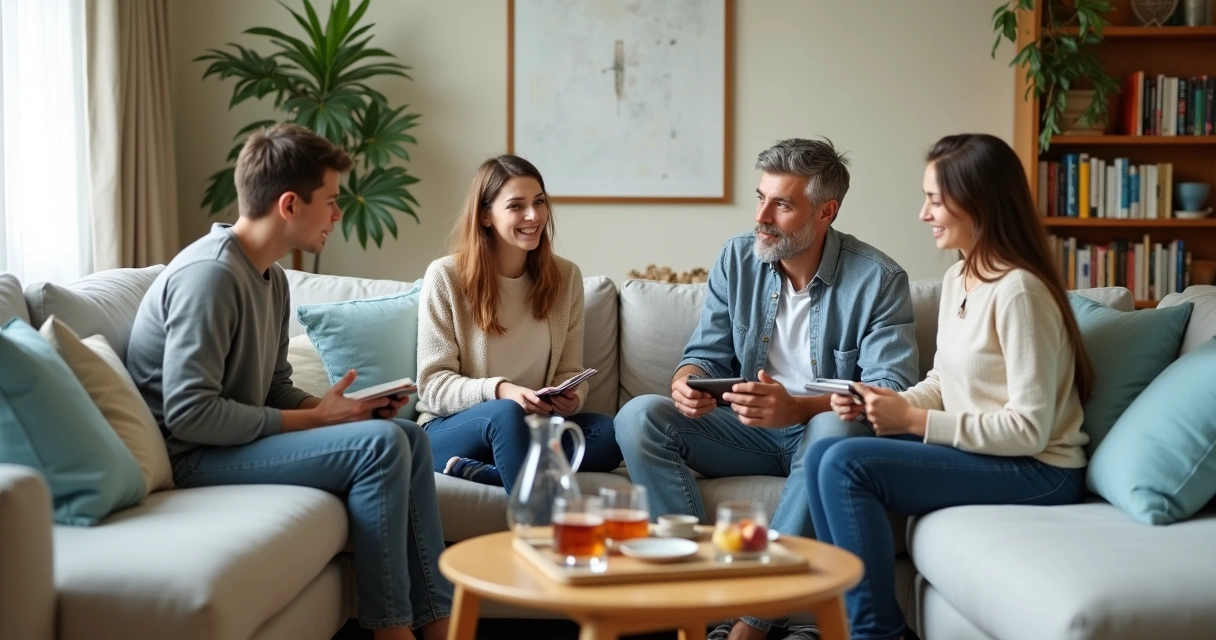Família sentada no sofá em círculo de conversa tranquila 