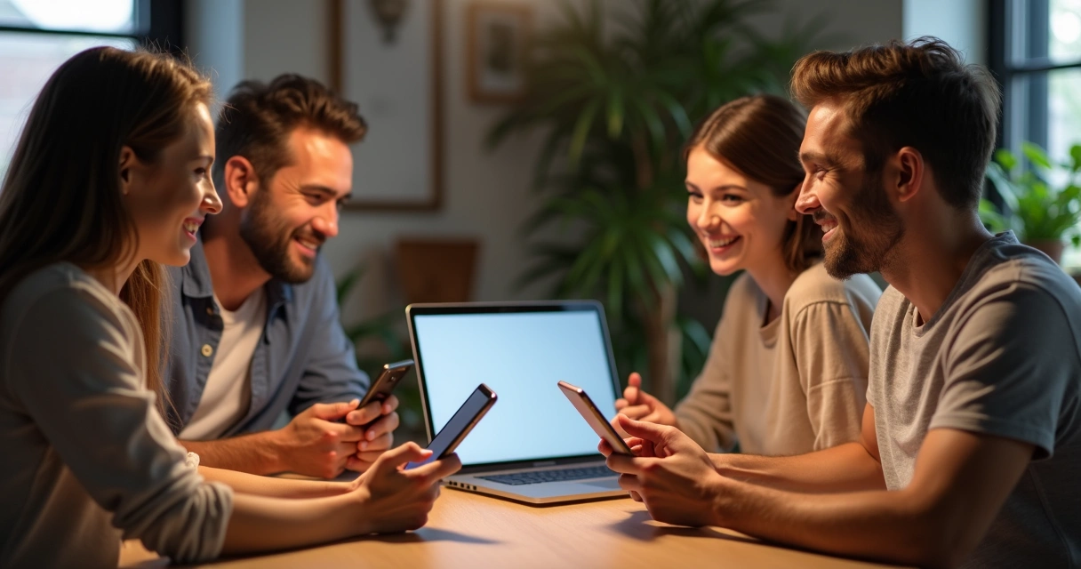 Família sentada à mesa conversando enquanto usam dispositivos digitais de forma moderada