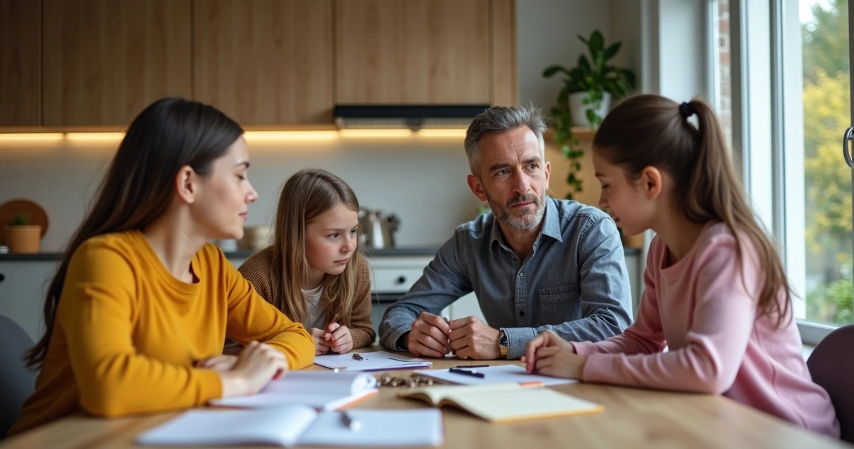 Familia conversando sobre finanzas familiares en la cocina 