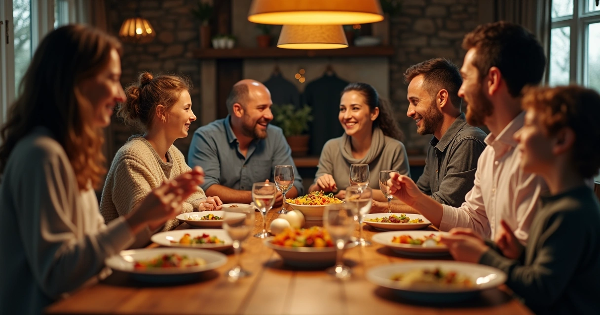 Família sentada à mesa em um jantar, conversando e respeitando o espaço uns dos outros 