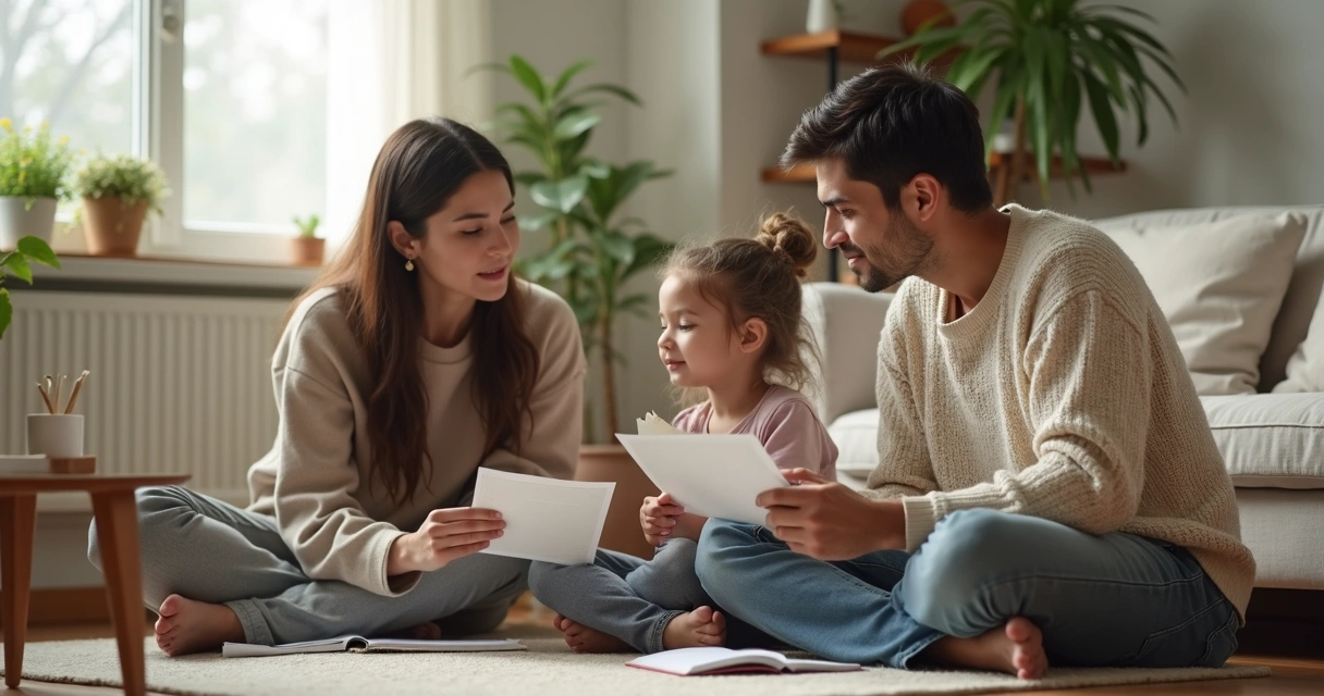 Familia conversando en sala con ambiente tranquilo y cuaderno de emociones