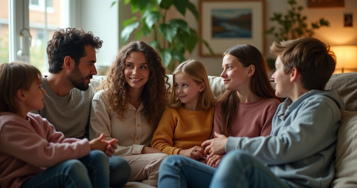 Família reunida em sala acolhedora, conversando de modo atencioso 