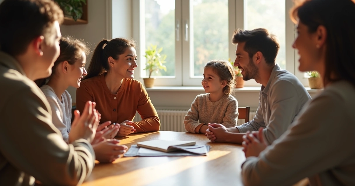 Família sentada ao redor de uma mesa conversando e se olhando nos olhos 