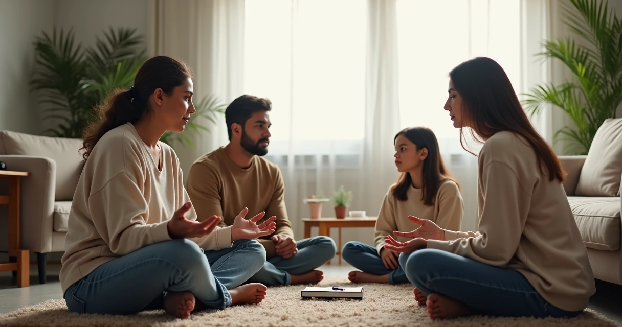 Família sentada em círculo na sala conversando com calma 
