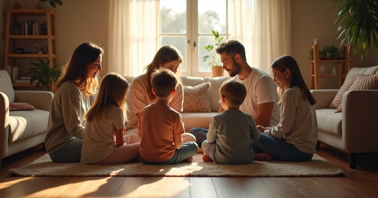 Familia sentada en círculo conversando con calma en casa