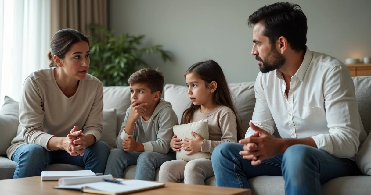 Familia sentada en la sala conversando con gesto reflexivo 
